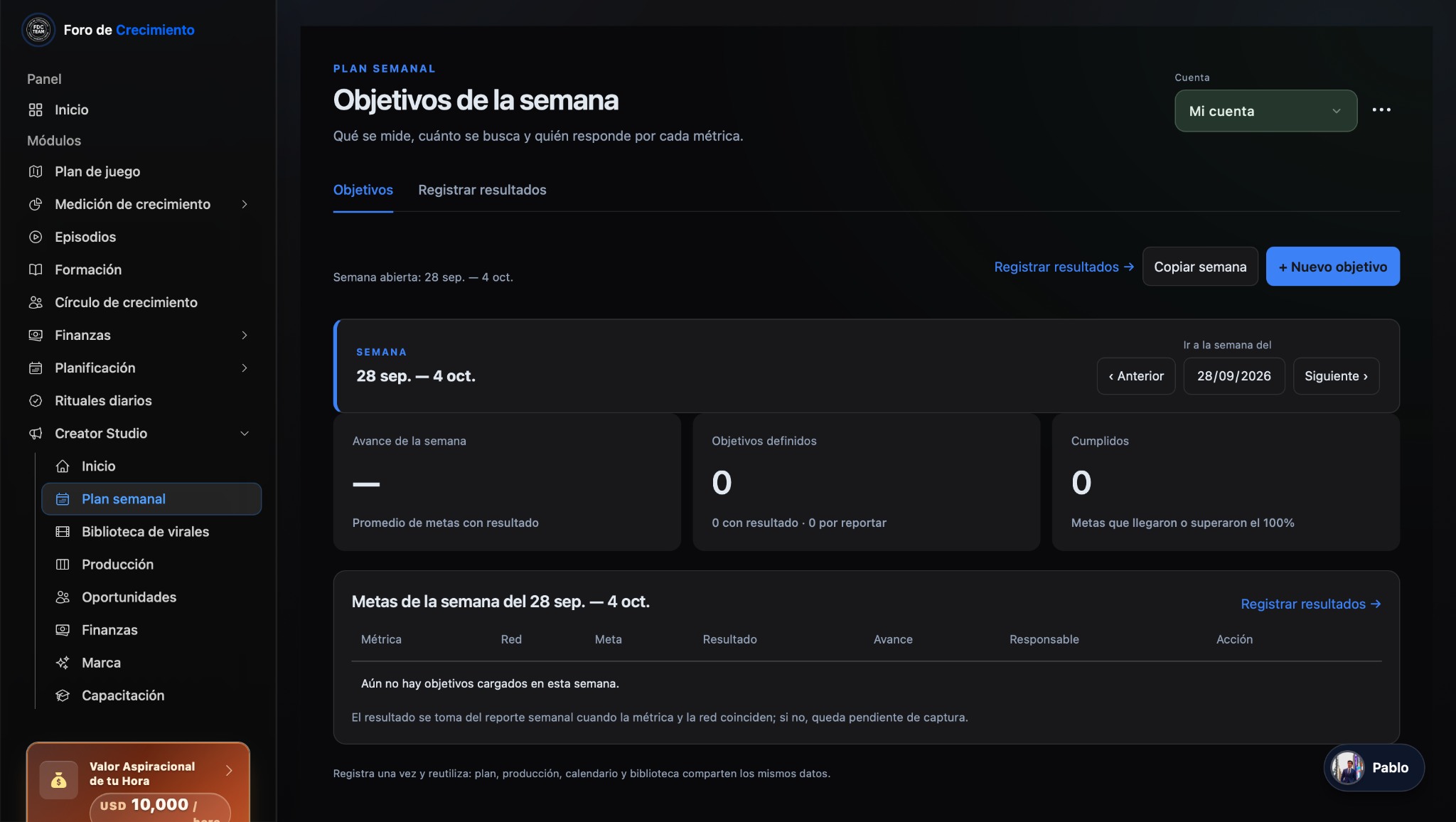 Captura real del módulo creator