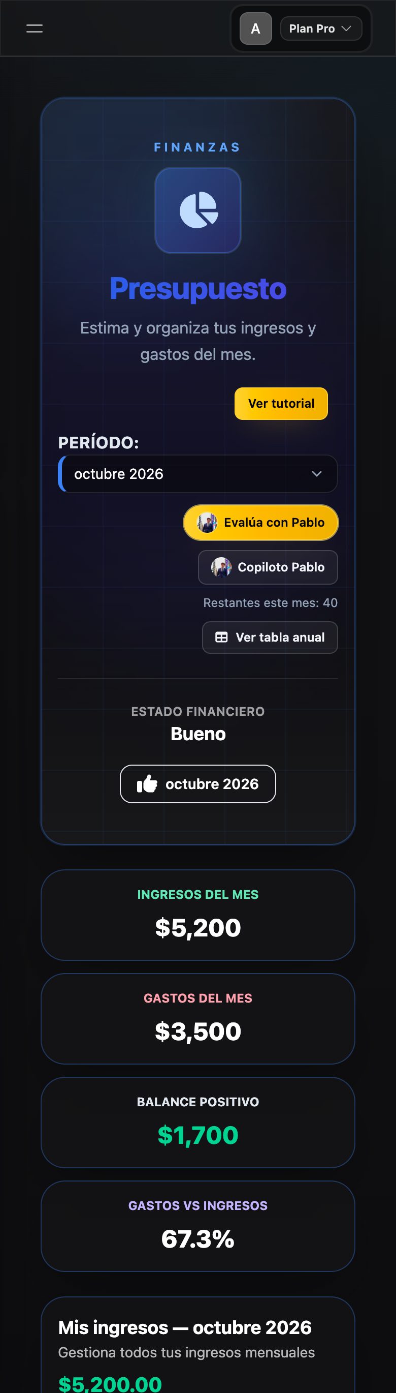 Pantalla real de Finanzas