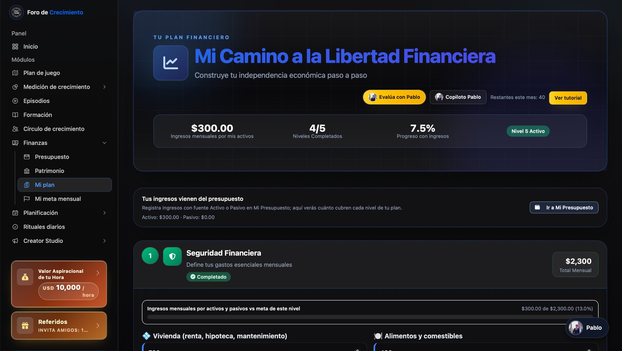 Captura real del módulo finance
