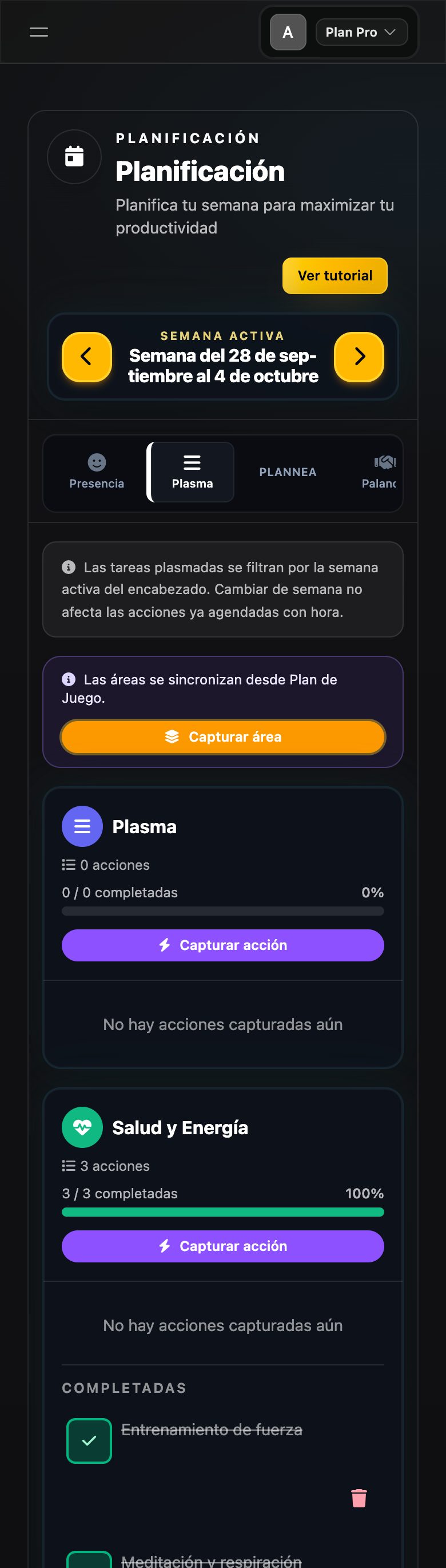 Pantalla real de Planificación
