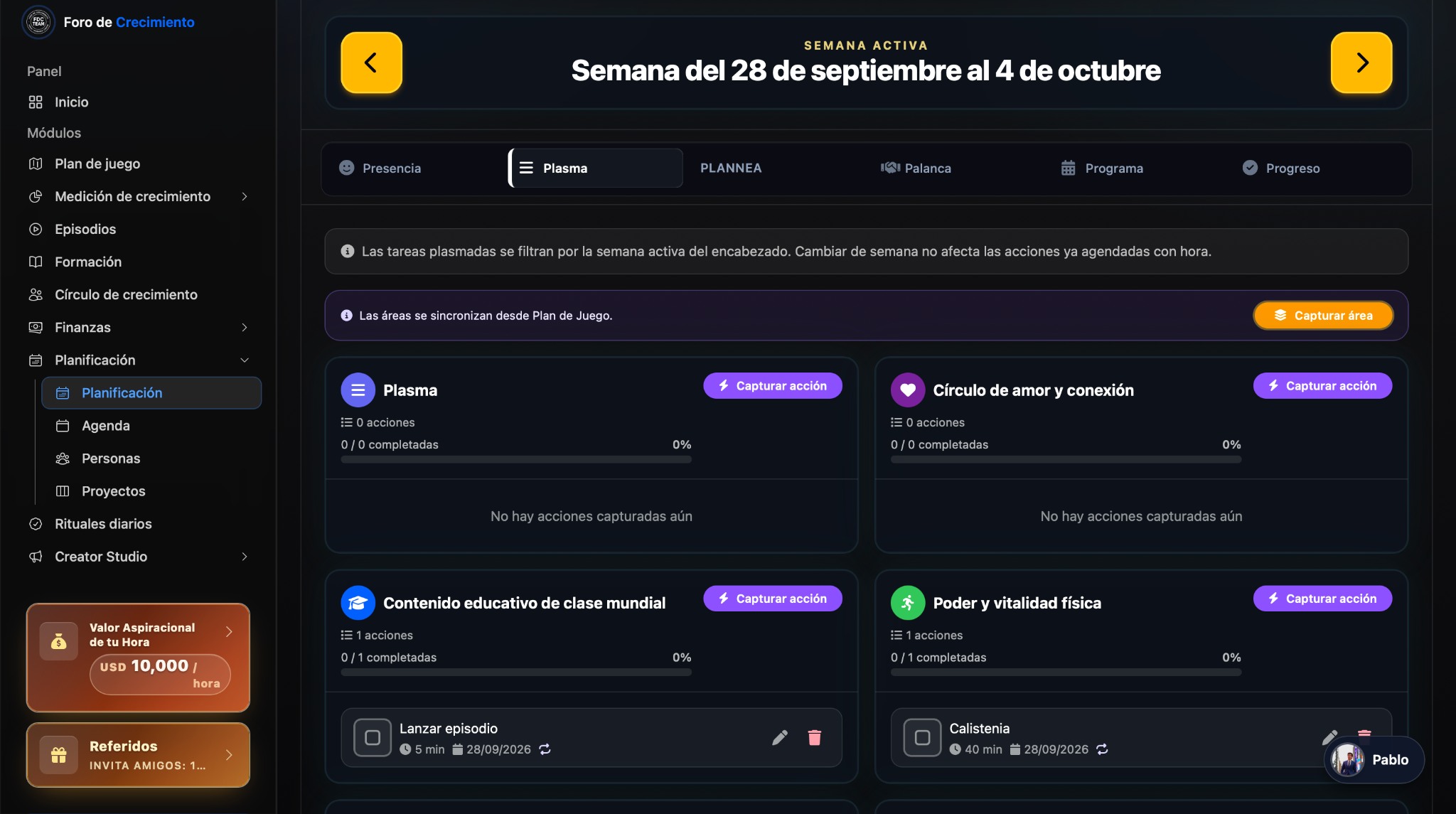 Captura real del módulo planning