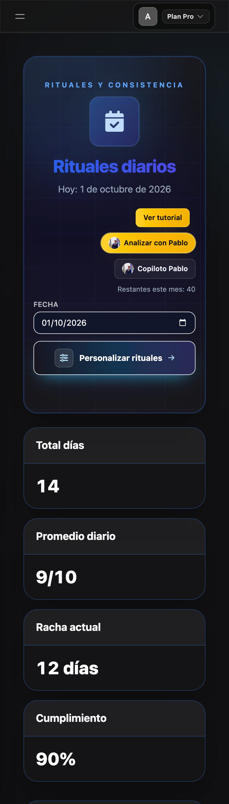 Pantalla real de Rituales diarios